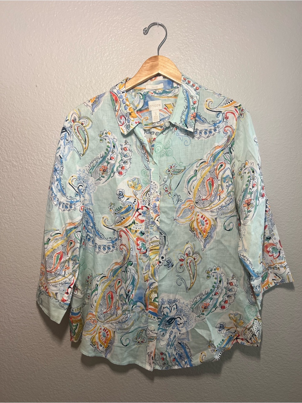 Chico’s Linen Paisley Floral Button-Front Shirt Size 3